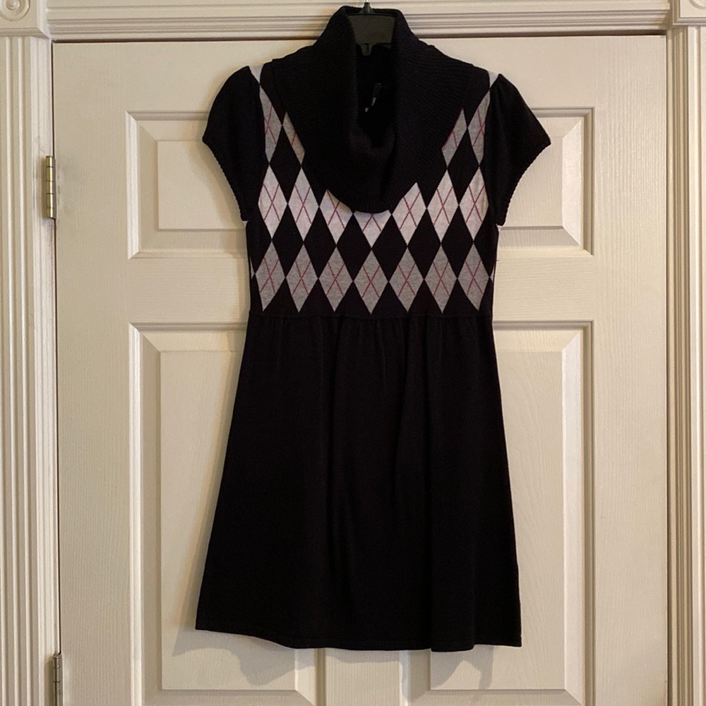 Black sweater dress with cowl neckline
